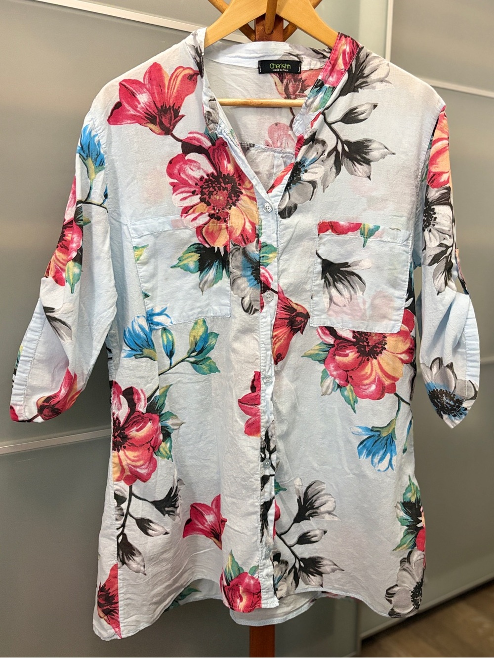 Cherishh Made in Italy Floral Button Up Tunic Top Convertible Sleeve Blue L XL